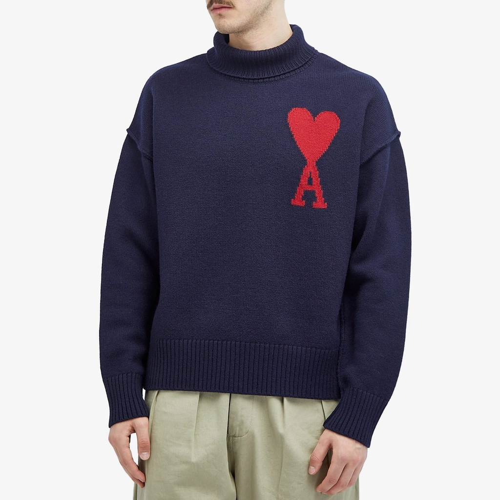 AMI Paris Men's Large A Heart Crew Neck Jumper Navy/Red